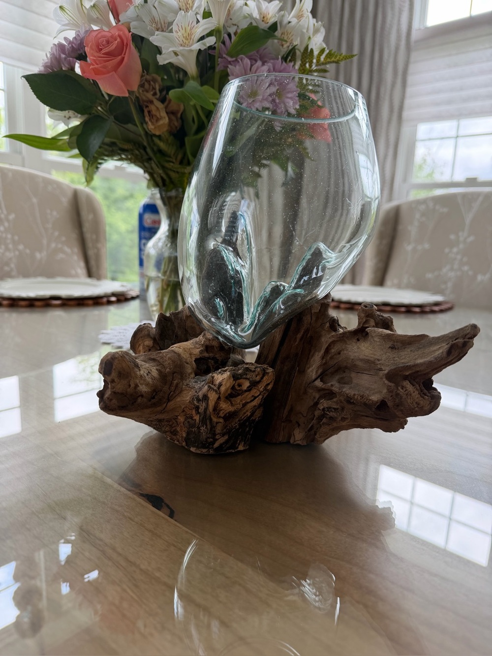 Handblown Glass Bowl on Natural Driftwood Base - Clear Glass & Brown Wood